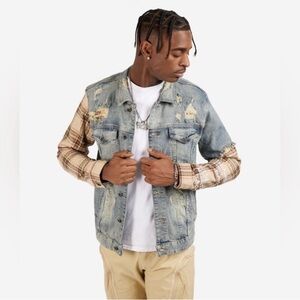 Buckle Smoke Rise Men's Destructed Denim Plaid Stretch Jacket JJ22619-HBL Sz XL